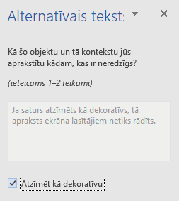Word Win32 alternatīvā teksta rūts dekoratīviem elementiem