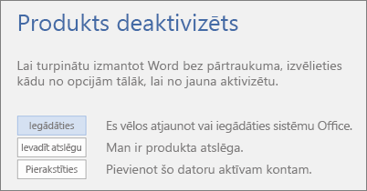 Ekrānuzņēmums, kurā redzams kļūdas ziņojums Produkts deaktivizēts