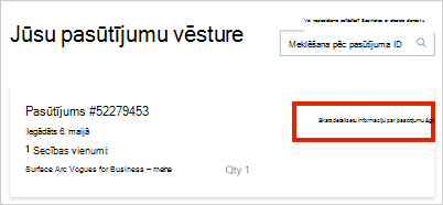 Informācijas par pasūtījumu momentuzņēmums.