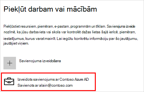Piekļuve darba vai mācību ekrānam, izmantojot pievienotu Contoso kontu