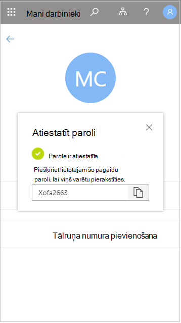 Pagaidu lietotāja paroles kopēšana pēc atiestatīšanas programmā Mani darbinieki