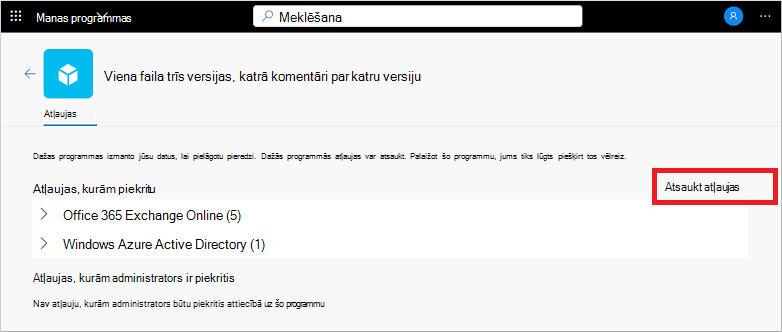Lietojumprogrammas atļauju atsaukšana portālā Manas programmas