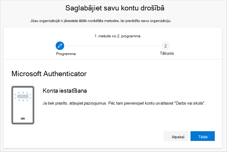 Konta drošības uzturēšanas vednis, kurā tiek rādīts autentificētāja konta iestatīšanas lapa