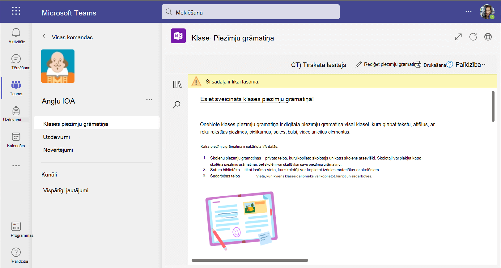 Ekrānuzņēmums ar klases piezīmju grāmatiņu Teams tīmekļa versijā.