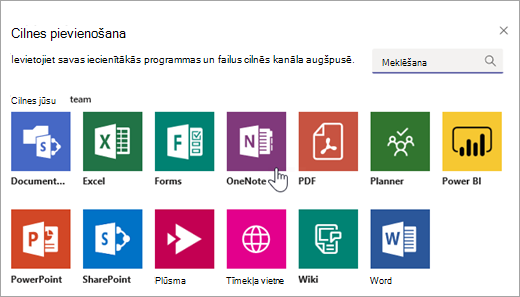 OneNote kā cilnes pievienošana komandā.