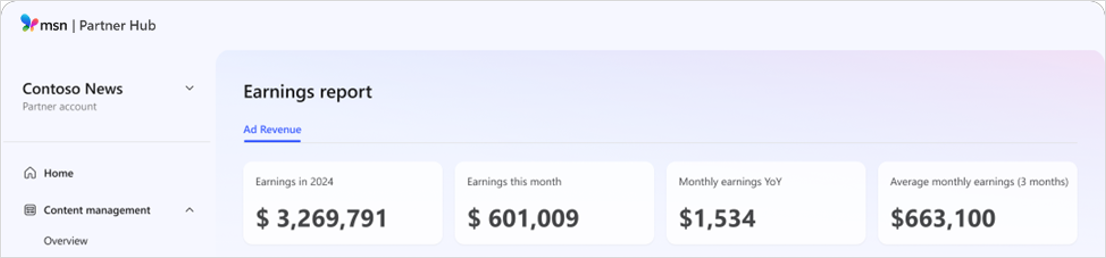 MSN ad revenue earnings snapshot from MSN Partner Hub earnings report dashboard