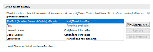 Office autorēšanas valodas un korektūra