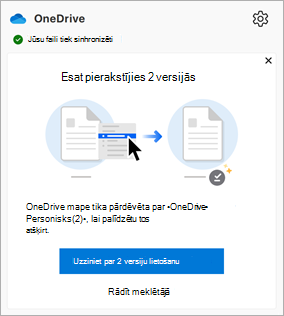 ziņojumu, kas tiek parādīts OneDrive darbību centrā