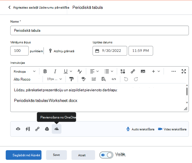 Pievienojiet OneDrive dokumentu Brightspace uzdevumu redaktoram, izmantojot ātro saišu joslu.