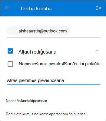 Ekrānuzņēmums, kurā redzama lietotāju uzaicināšana kopīgot failu no OneDrive darbam ar Android
