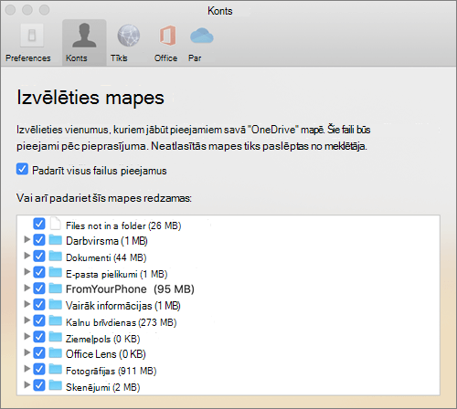 Dialoglodziņš Mapju izvēle zem OneDrive operētājsistēmai Mac preferenču loga