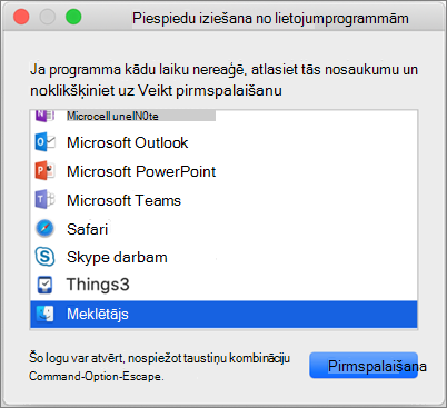 Ekrānuzņēmums, kurā redzams meklētājs dialoglodziņā Piespiedu iziešana no lietojumprogrammām Mac datorā
