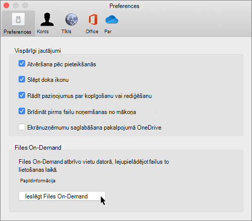 Ekrānuzņēmums, kurā redzamas preferences operētājsistēmā Mac OneDrive faili pēc pieprasījuma
