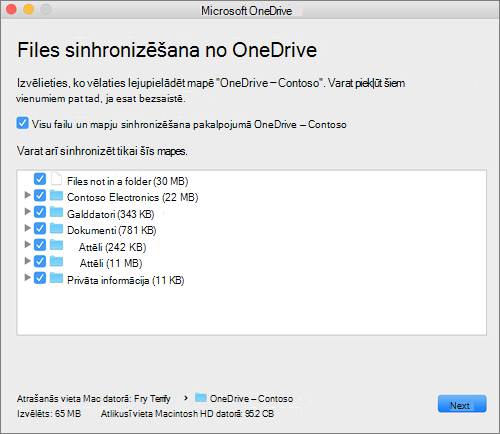 Ekrānuzņēmums ar OneDrive iestatīšanas izvēlni, lai atlasītu sinhronizējamās mapes vai failus.