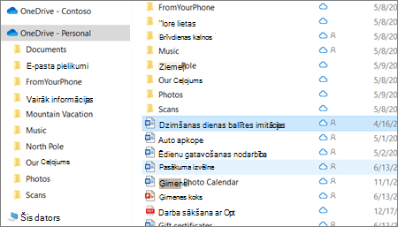 Ekrānuzņēmums, kurā redzama OneDrive personiskā mape failu pārlūkā.