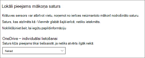 Windows 10 krātuves nolaižamais saraksts, lai izvēlētos, kad OneDrive failus padarīt pieejamus tikai tiešsaistē