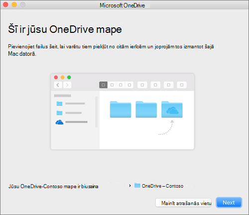 Lapas “Šī ir jūsu OneDrive mape” ekrānuzņēmums pēc mapes izvēles vednī “Esiet sveicināts pakalpojumā OneDrive!” Mac datorā