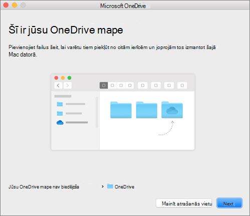 Lapas “Šī ir jūsu OneDrive mape” ekrānuzņēmums vednī “Esiet sveicināts pakalpojumā OneDrive!” Mac datorā
