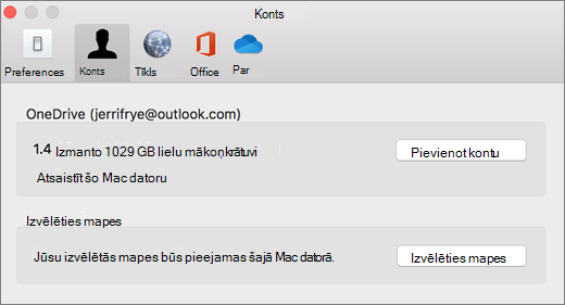 Ekrānuzņēmums, kurā redzama konta pievienošana OneDrive preferencēs Mac datorā