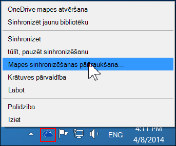 Komanda Pārtraukt mapes sinhronizēšanu pakalpojuma OneDrive darbam izvēlnē