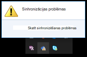 Sinhronizēšanas problēmu sākotnējais dialogs, kad noklikšķināt uz mākoņa ikonas