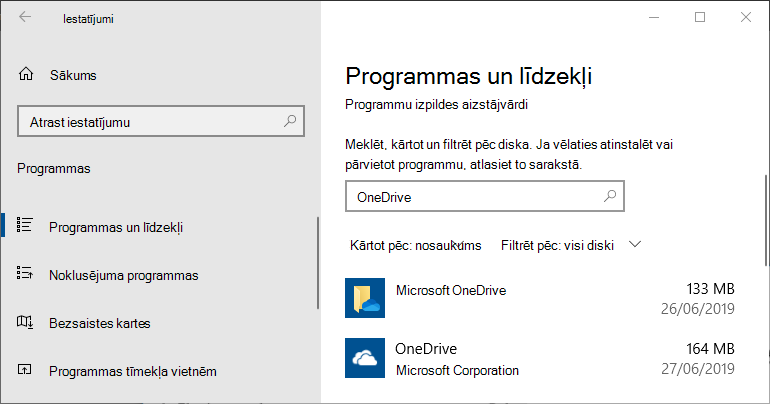 OneDrive Windows programmu iestatījumos