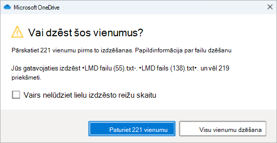 Ekrānuzņēmums ar OneDrive apstiprinājuma uzvedni par daudzu failu dzēšanu