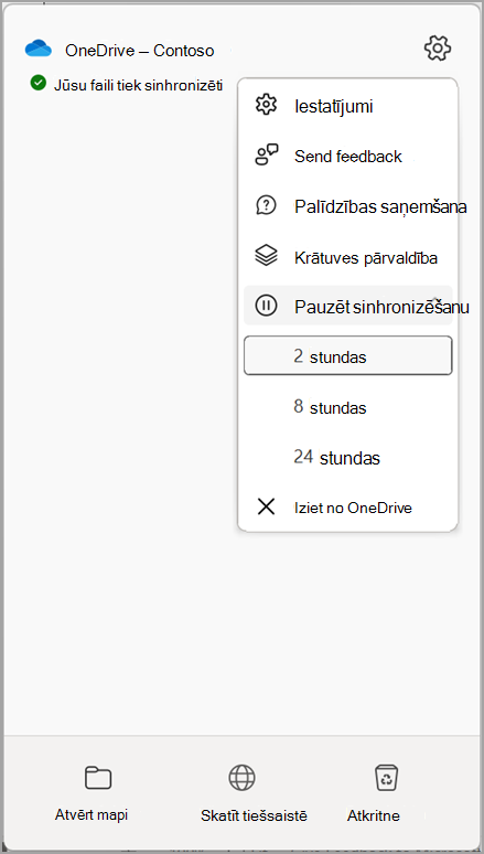 OneDrive iestatījumi Sinhronizēšanas pauzēšana