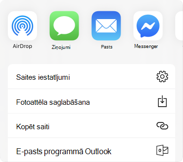 Kopīgošanas izvēlne ar programmām augšdaļā un kopīgošanas opciju saraksts zem tām.