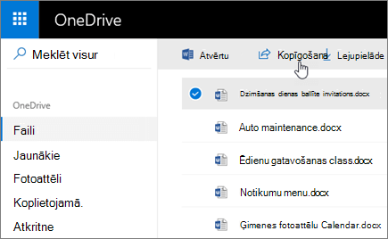 Ekrānuzņēmums ar atlasītu failu un pogu Kopīgot pakalpojumā OneDrive.