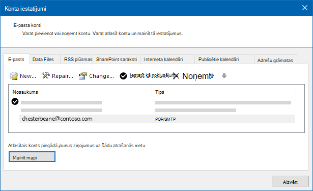 Outlook konta iestatījumu dialoglodziņš