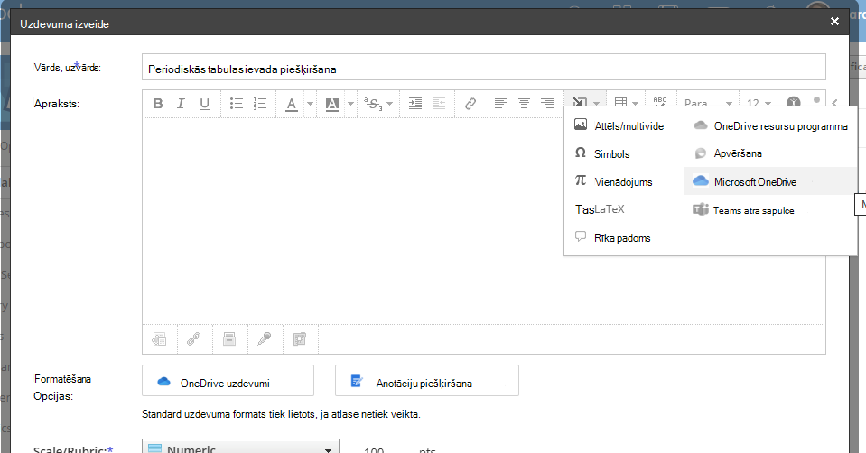 Schoology bagātinātā teksta redaktorā ievietojiet OneDrive saiti vai iegultu dokumentu.
