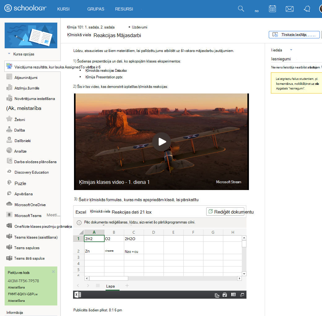 Saistiet vai ieguliet OneDrive dokumentus Schoology bagātinātā teksta redaktorā un priekšskatiet saturu.