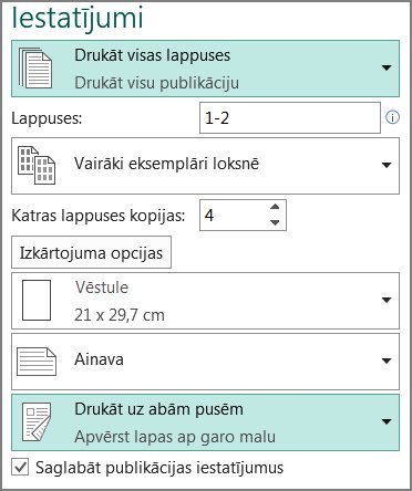 Iestatījums, kas nosaka, ka programmā Publisher jādrukā uz abām papīra lapas pusēm.
