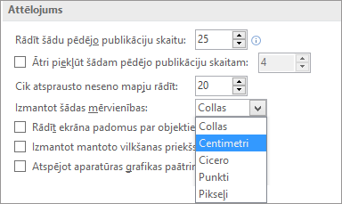 Papildu displeja iestatījumi, kas ļauj mainīt mērvienības.