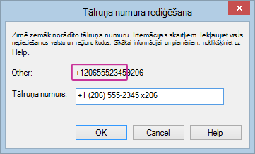 Lync rediģētais tālruņa numurs ar pievienotu paplašinājumu