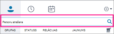 Ja Skype darbam meklēšanas lodziņš ir tukšs, pieejamās cilnes ir Grupas, Statuss, Relācijas un Jauns.