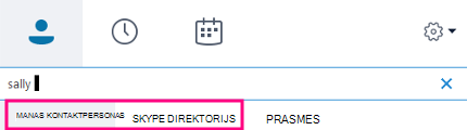 Kad sākat rakstīt Skype darbam meklēšanas lodziņā, tālāk esošās cilnes tiek nomainītas uz Manas kontaktpersonas un Skype direktorijs.