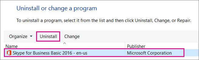 Sadaļā vadības panelis izvēlieties Atinstalēt programmas, pēc tam izvēlieties Skype darbam