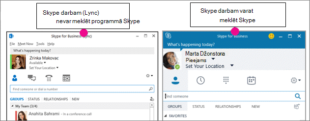 Skype darbam kontaktpersonu lapas un Skype darbam (Lync) lapas salīdzinājums, novietojot tās blakus vienu otrai