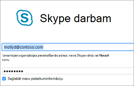 Ekrānuzņēmums ar Skype darbam pierakstīšanās ekrānu.