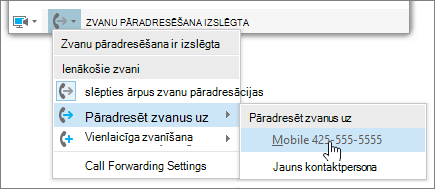 Galvenā izvēlne Zvanu pāradresācijas nolaižamā izvēlne