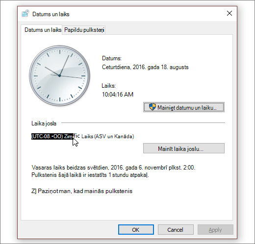 Ekrānuzņēmums, kurā redzama datuma un laika izvēlne operētājsistēmā Windows 10.