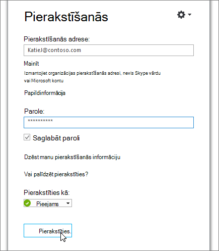 Ekrānuzņēmums, kurā redzams, kur ievadīt paroli Skype darbam pierakstīšanās ekrānā.