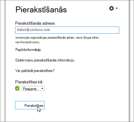 Ekrānuzņēmums, kurā redzama poga Pierakstīties Skype darbam pierakstīšanās ekrānā.