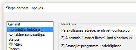 Logs Opcijas programmā Skype darbam ar atlasītu cilni Personisks.