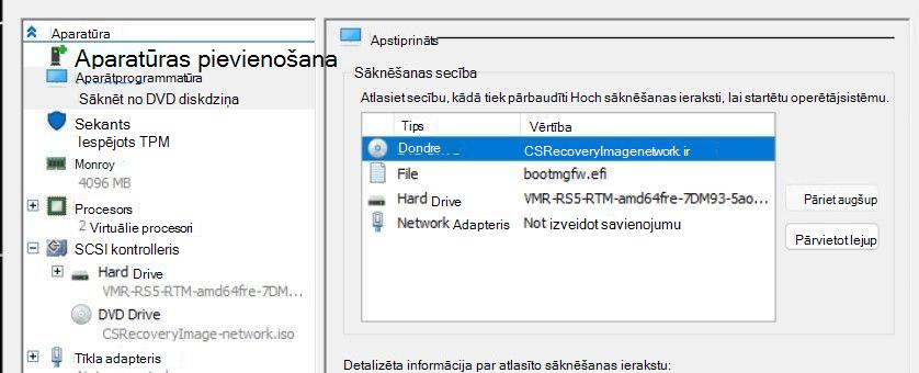 Ekrānuzņēmums ar Hyper-V virtuālās mašīnas (VM) iestatījumiem ar iezīmētu sadaļu Aparātprogrammatūra un sāknēšanas secības augšdaļā redzams ieraksts DVD diskdzinis.
