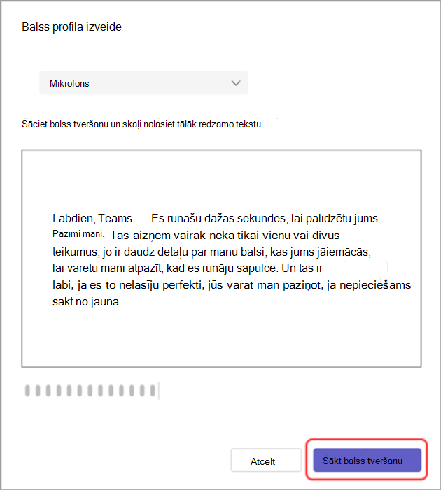 Ekrānuzņēmums ar dialoglodziņu Izveidot savu balss profilu ar iezīmētu pogu Sākt balss tveršanu.