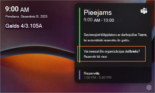 Darbvirsmas centrmezgla ekrāns, kurā vārda vietā tiek rādīta opcija Rezervēts, jo tas ir viesis 