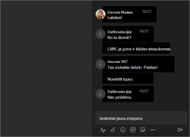 Ekrānuzņēmums, kurā redzams dalībnieku skats, kad Teams sapulcē vai tīmekļseminārā ir paslēpti vārdi.